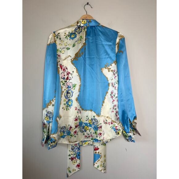 NEW Tory Burch Printed Satin Bow Tie Long-Sleeve Button-Up Blouse Blue Size: 4 - Picture 7 of 8
